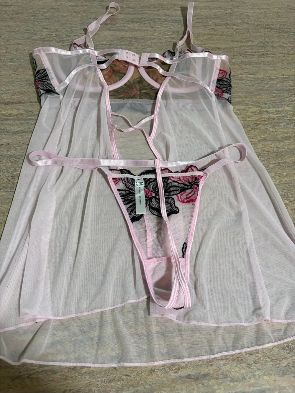 NWOT Oh La La Cheri Paris Pink Floral Embroidered Sheer Babydoll & Panty Set